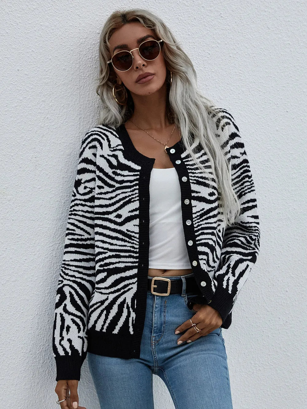 Woven Right Zebra Print Button Down Cardigan