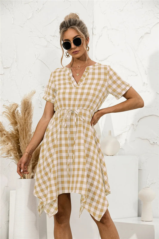 V-Neck Plaid  Asymmetrical Trim Dress