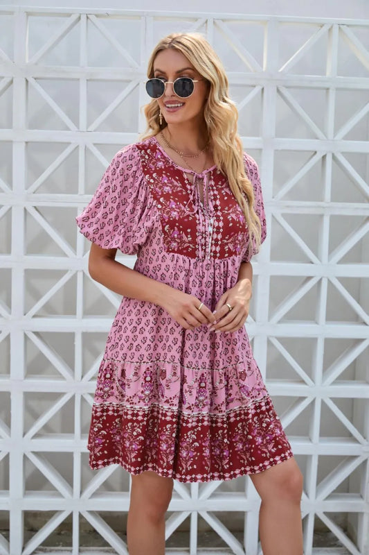 Printed Tie Neck Half Sleeve Dress