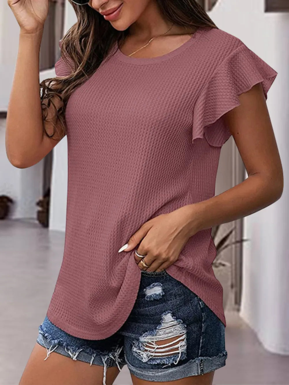 Waffle-Knit Round Neck Cap Sleeve Blouse