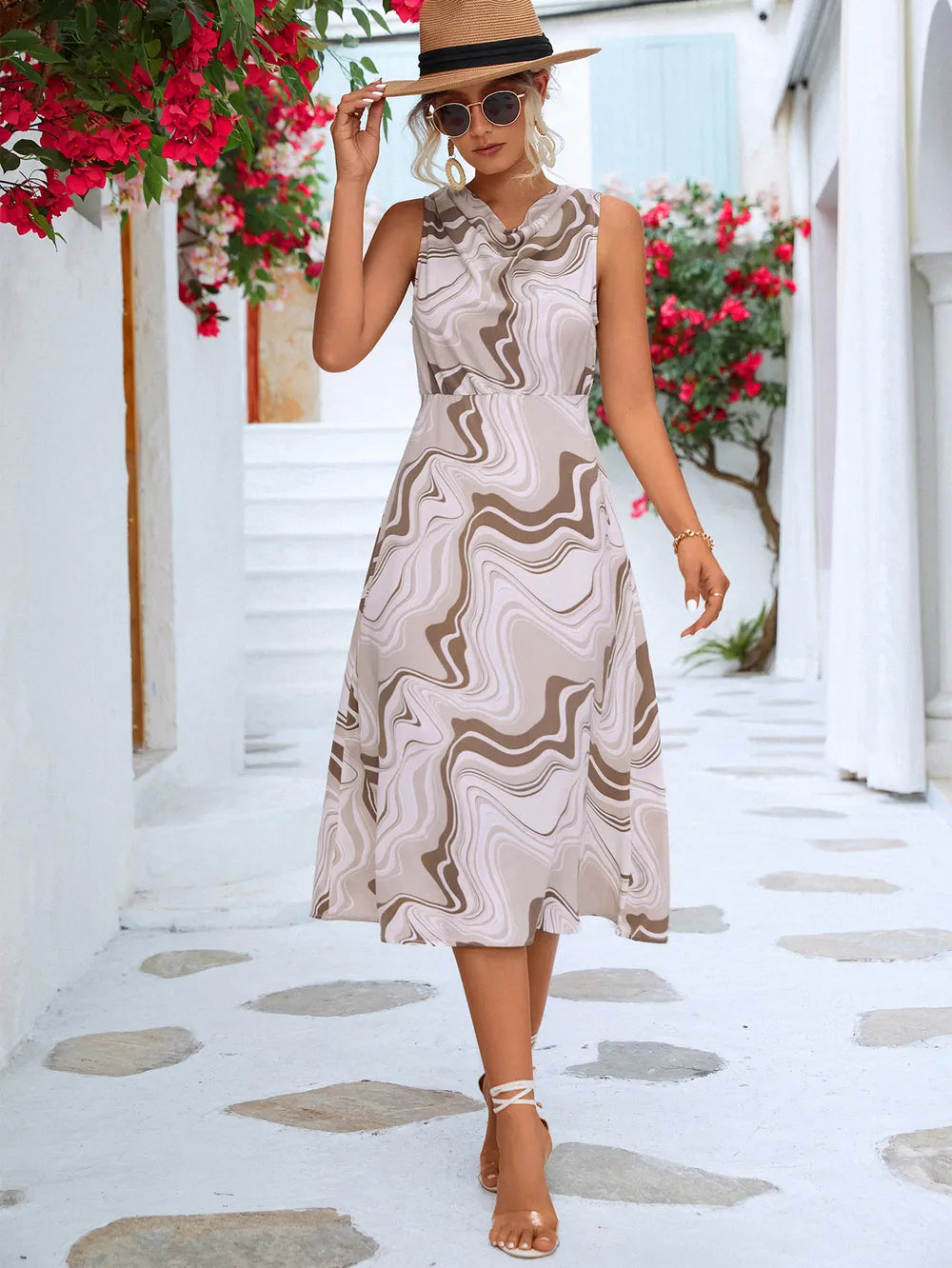 Printed Cowl Neck Sleeveless Dress