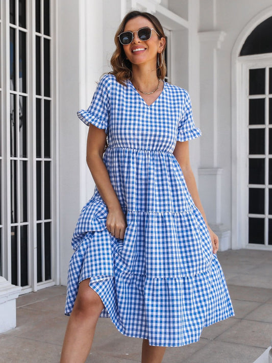 Plaid V-Neck Short Sleeve Midi Dress