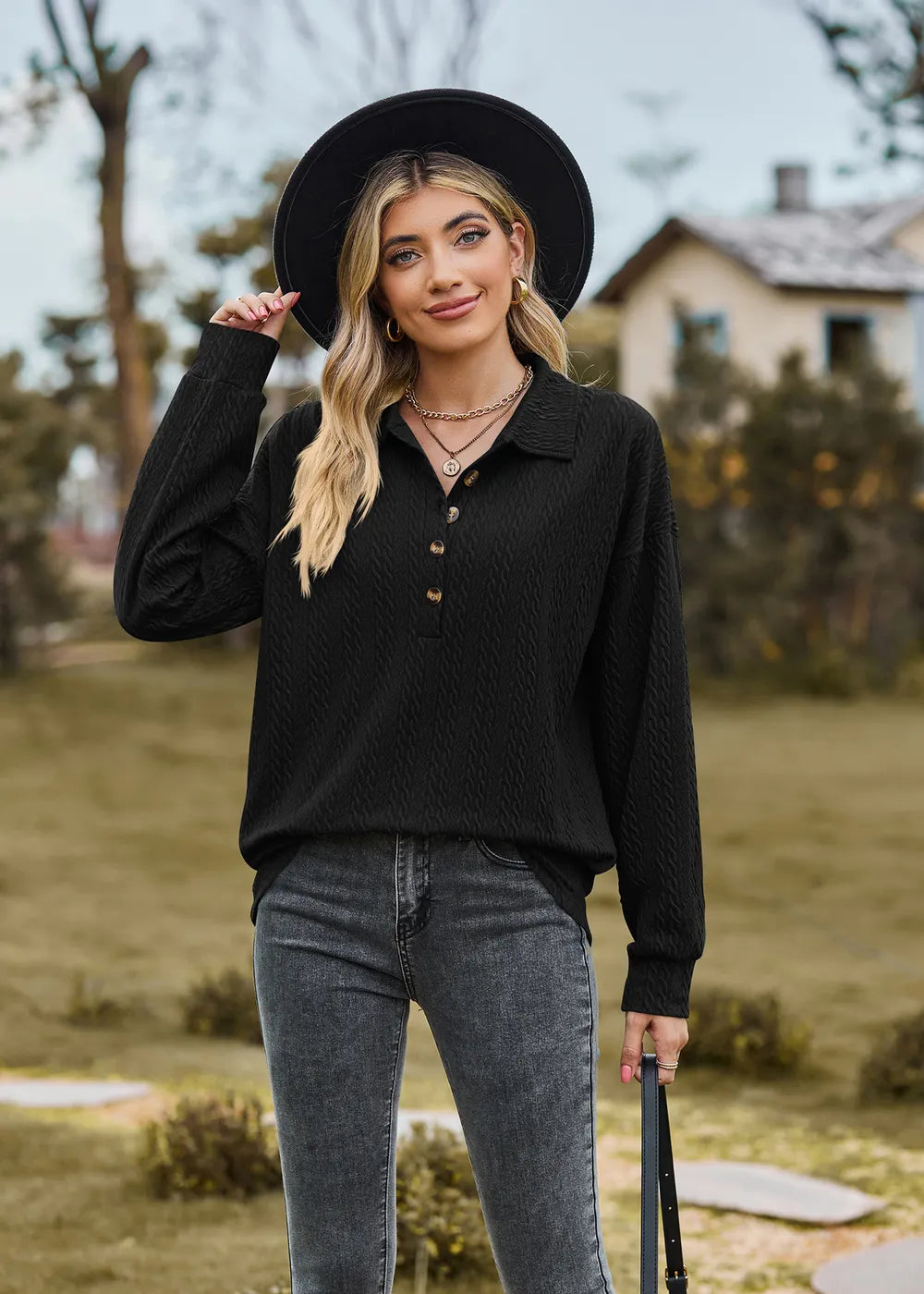 Half Button Dropped Shoulder Blouse