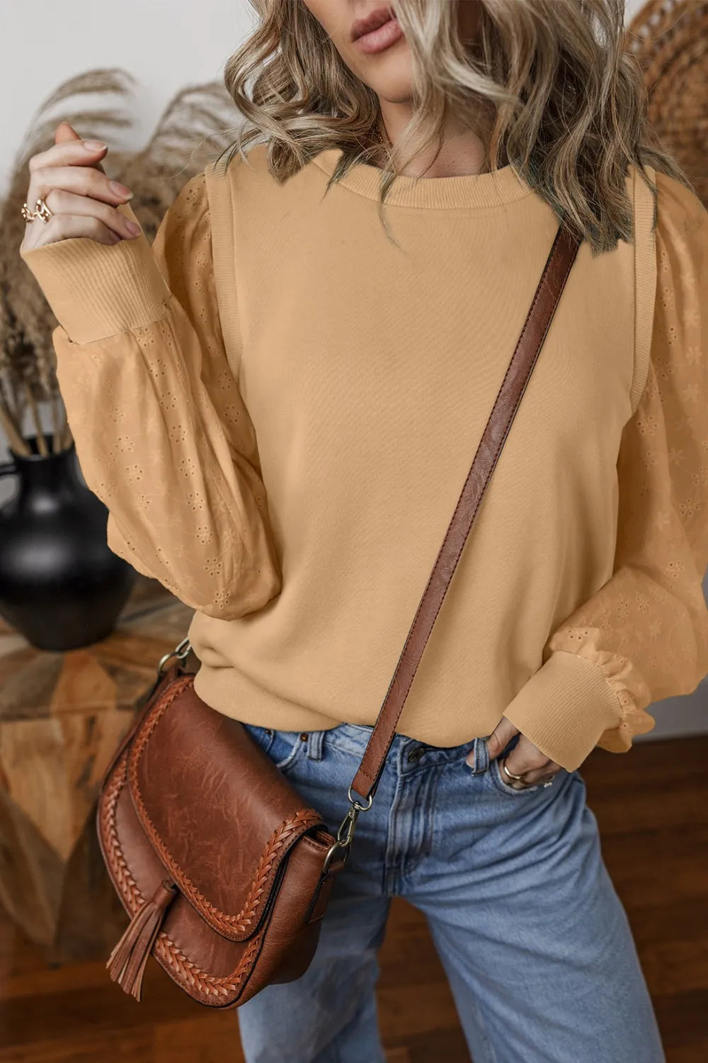 Eyelet Round Neck Long Sleeve Sweatshirt