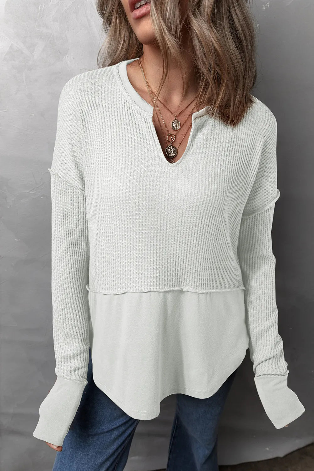 Waffle-Knit Exposed Seam Notched Long Sleeve Top