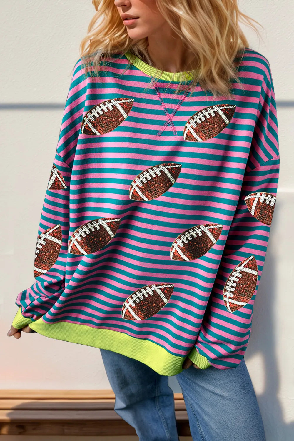 Double Take Full Size Football Sequin Striped T-Shirt