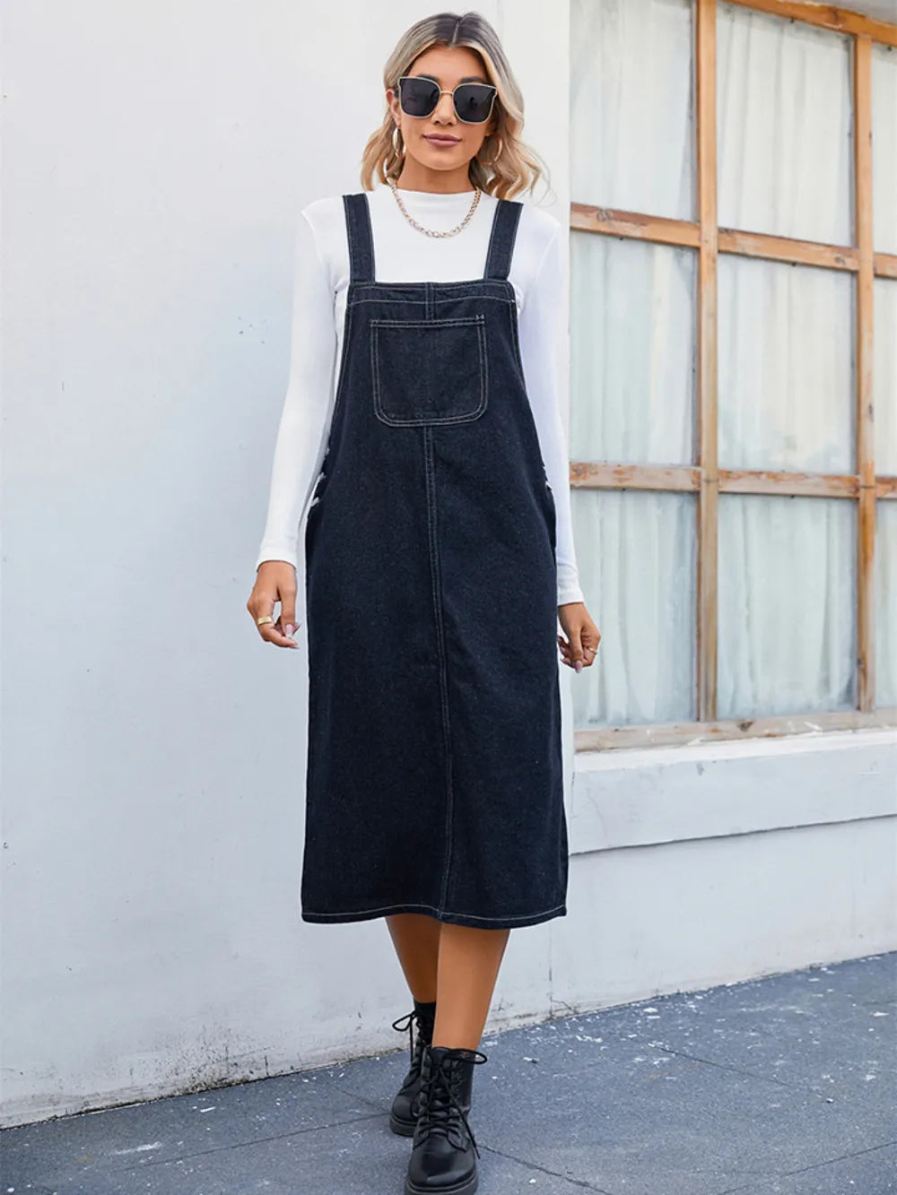 Denim Overall Dress with Pocket