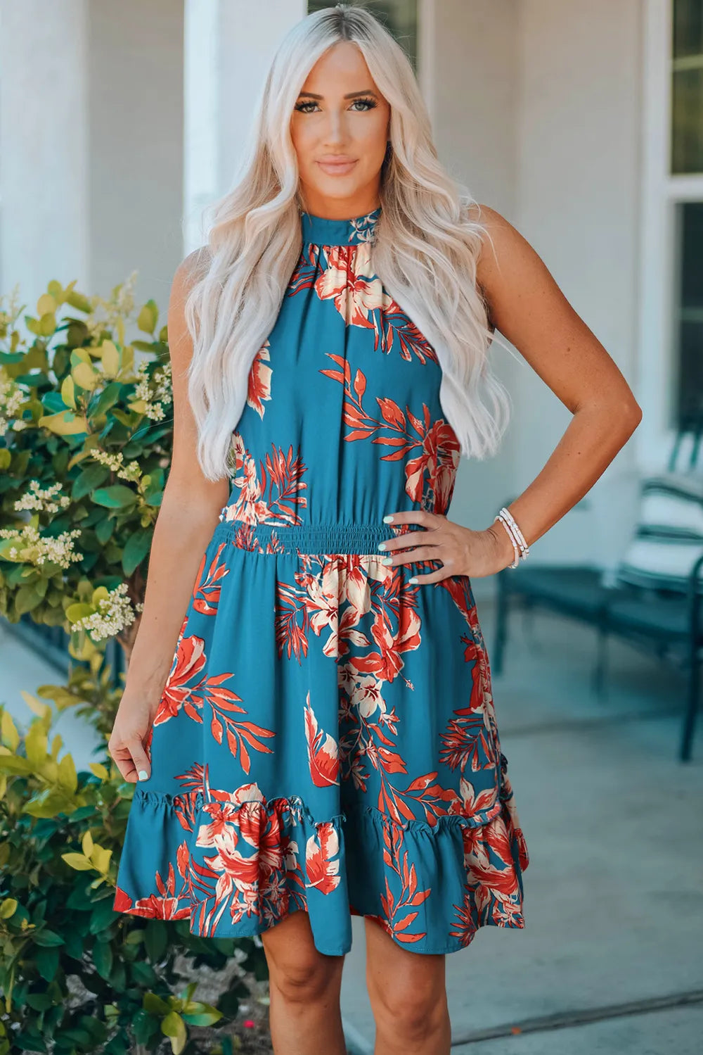 Floral Smocked Waist Sleeveless Dress