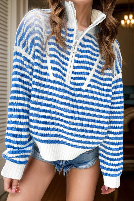 Striped Half Zip Long Sleeve Sweater