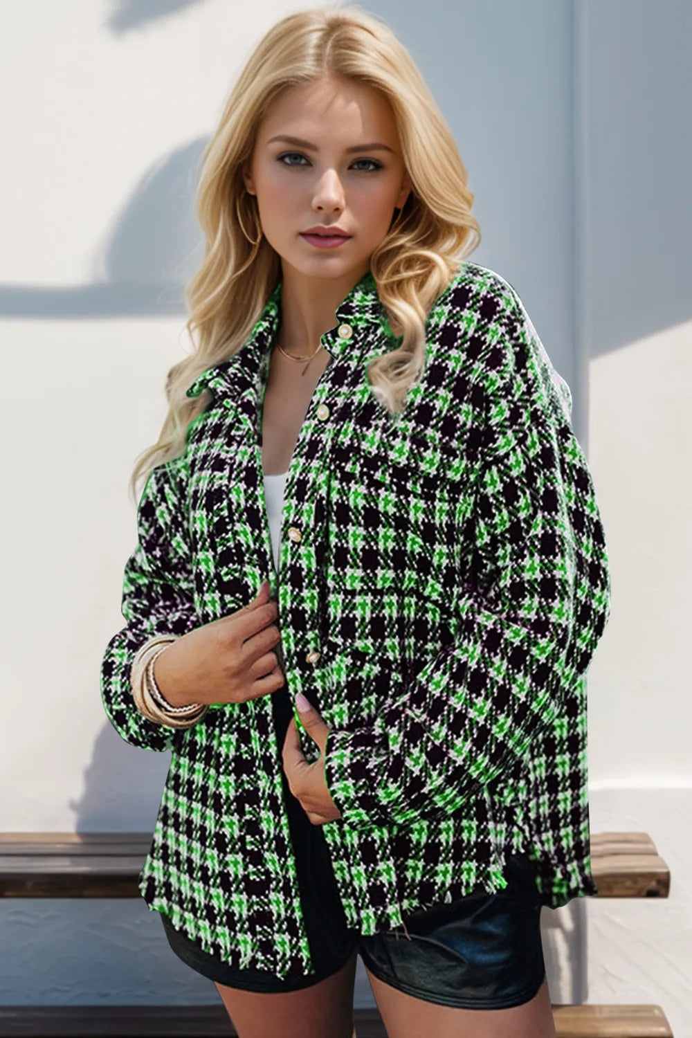 Double Take Full Size Button Up Houndstooth Shacket