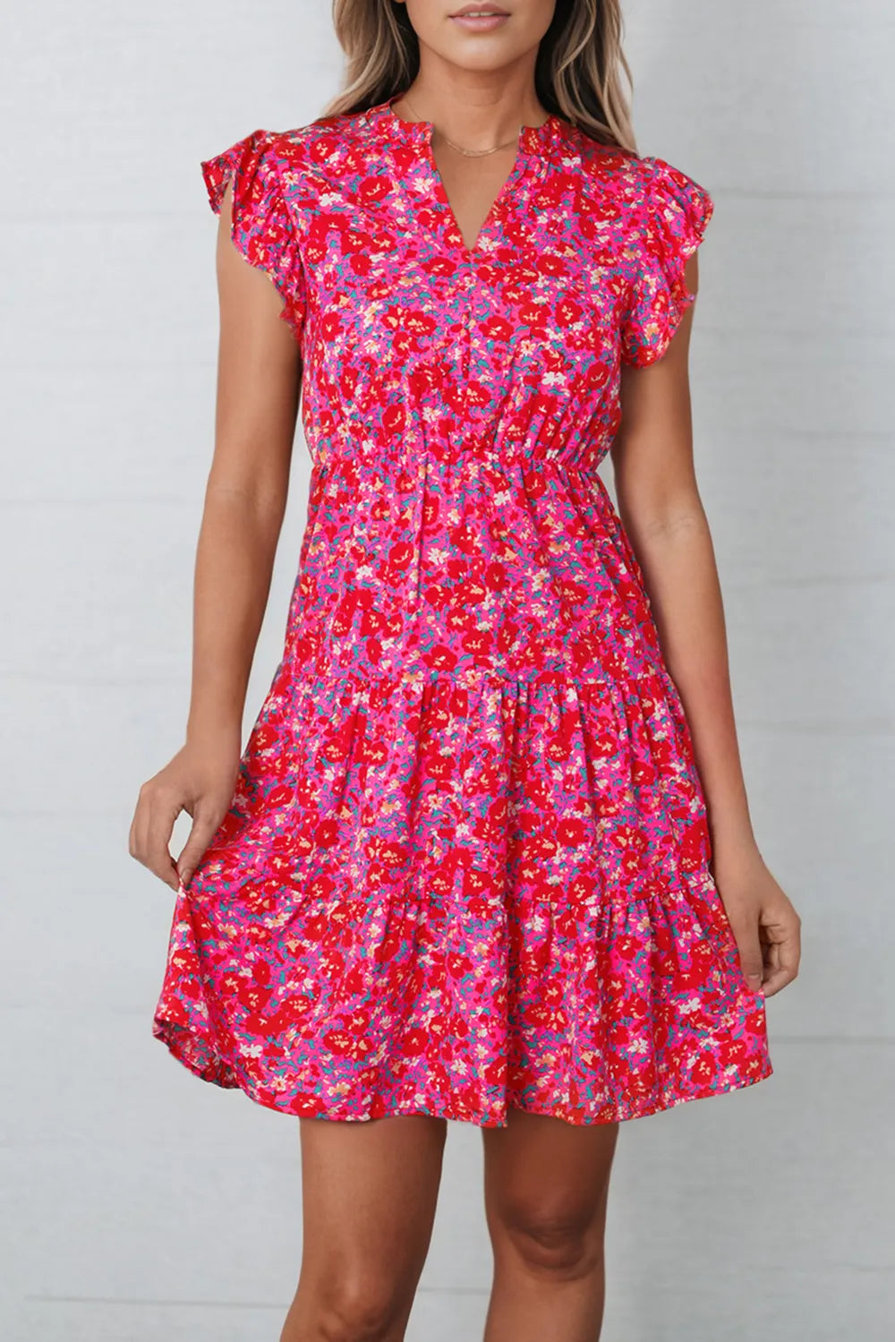 Floral Print Notched Neck Cap Sleeve Mini Dress