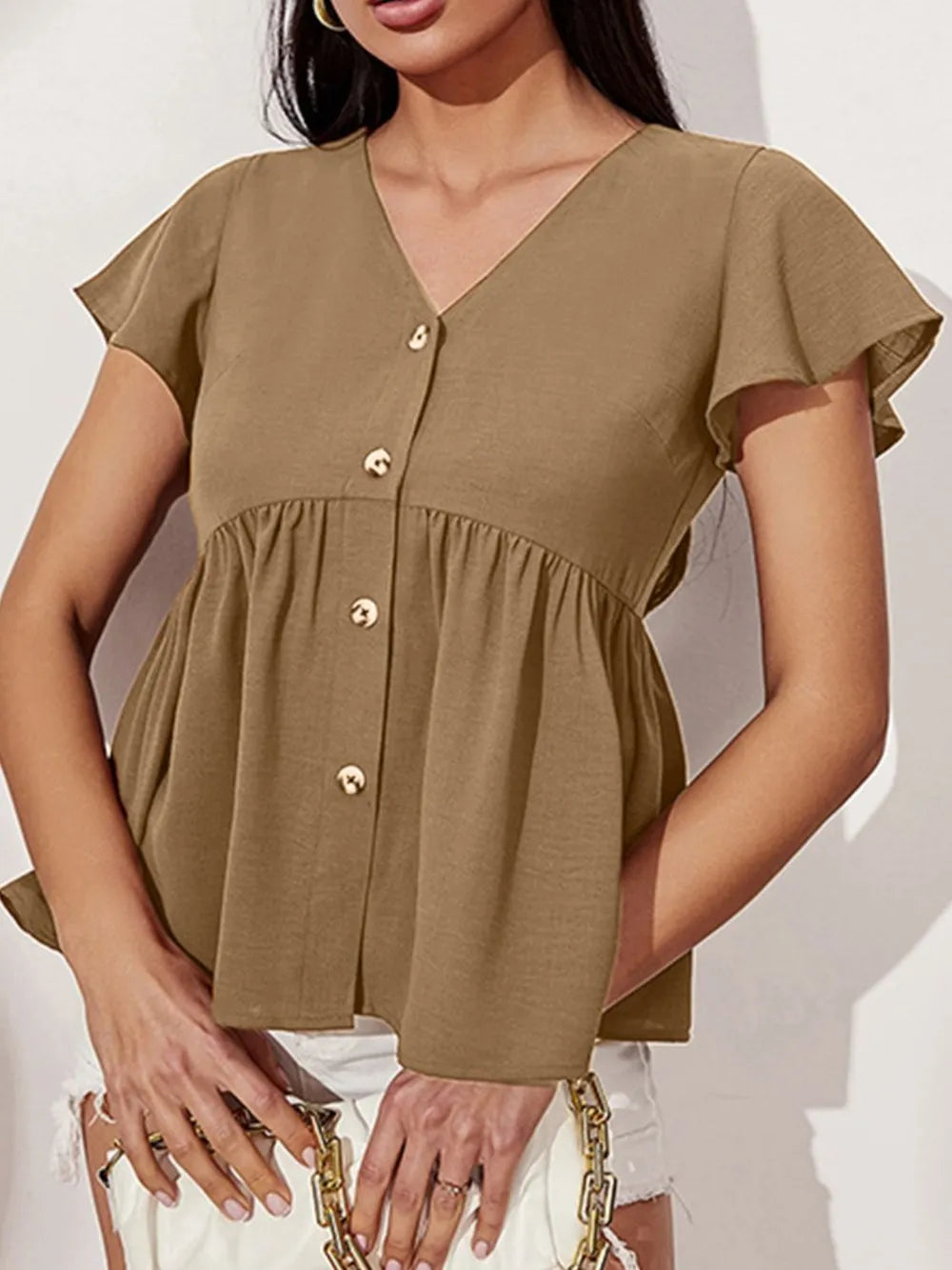 V-Neck Flutter Sleeve Blouse