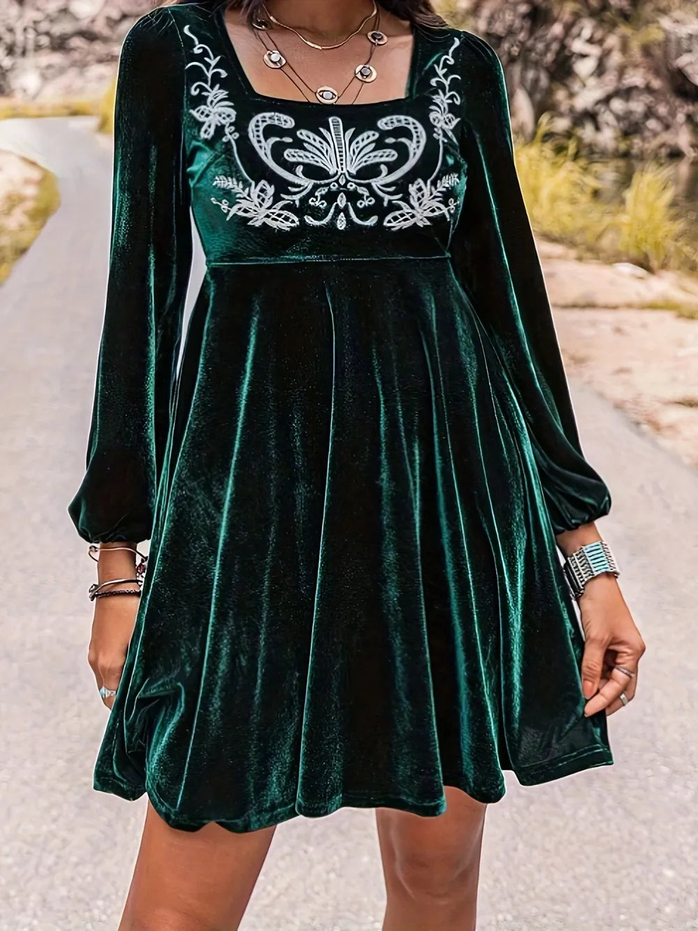 Printed Square Neck Long Sleeve Mini Dress