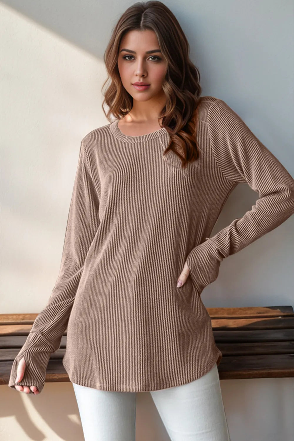 Double Take Full Size Round Neck Thumbhole Long Sleeve T-Shirt