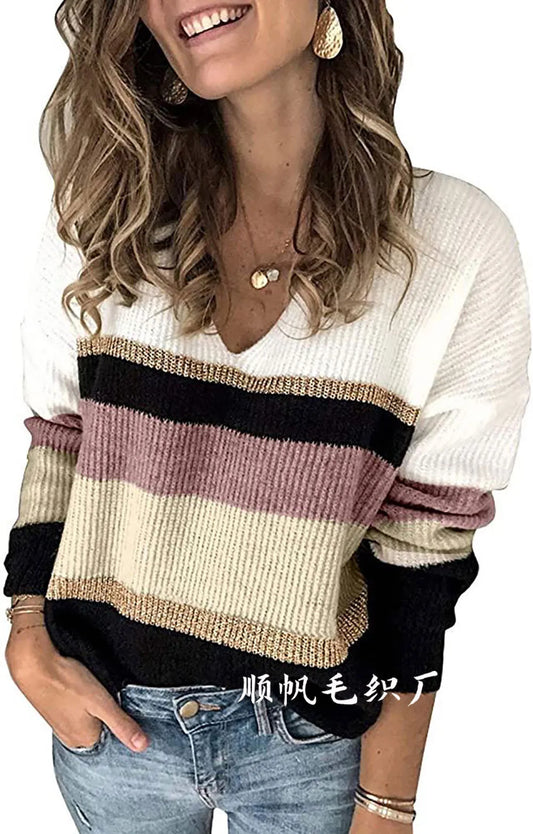 Striped Rib-Knit V-Neck Sweater