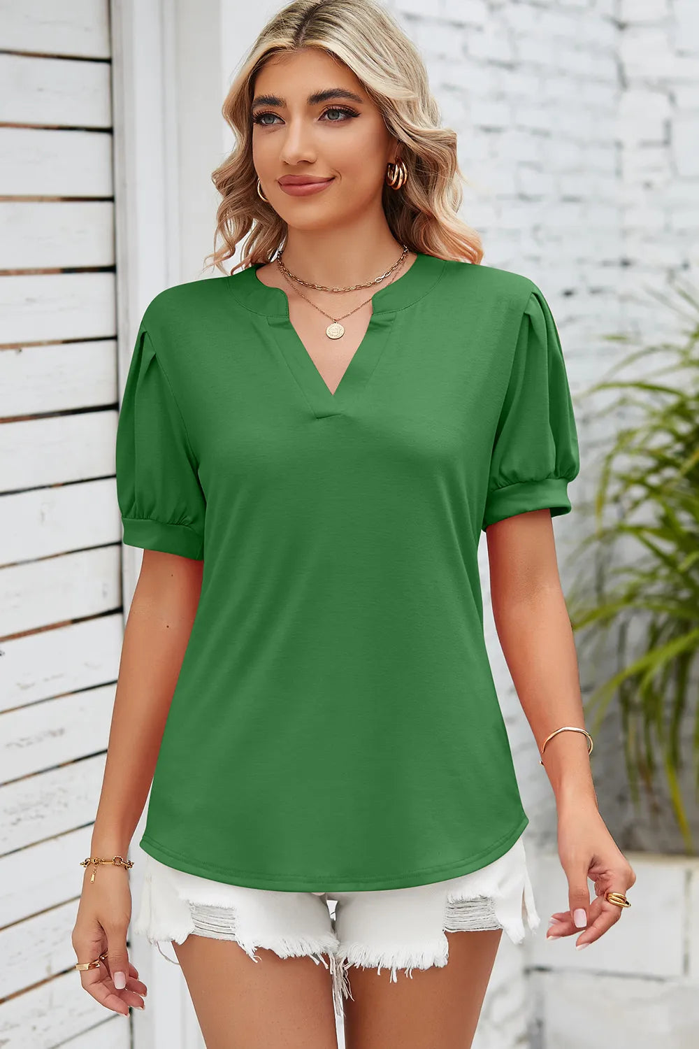 Notched Ruched Short Sleeve T-Shirt