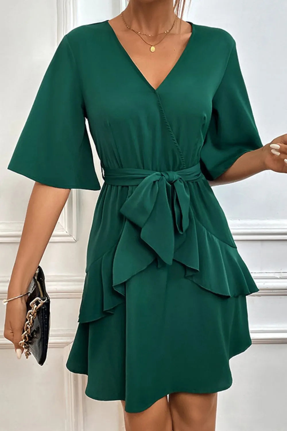 Tie Belt Surplice Neck Ruffled Dress