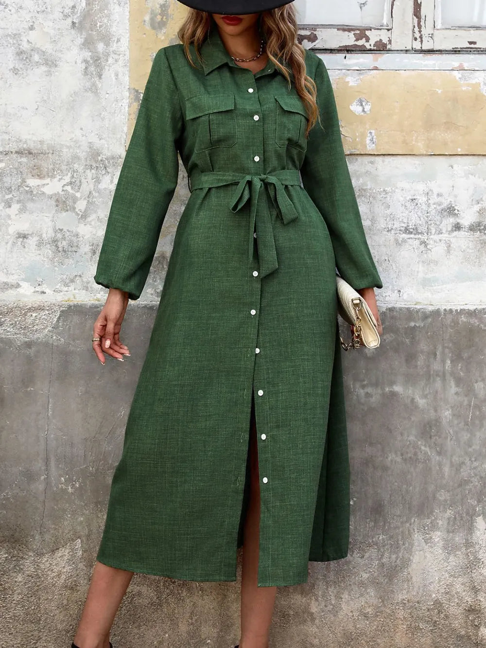 Collared Neck Long Sleeve Midi Shirt Dress