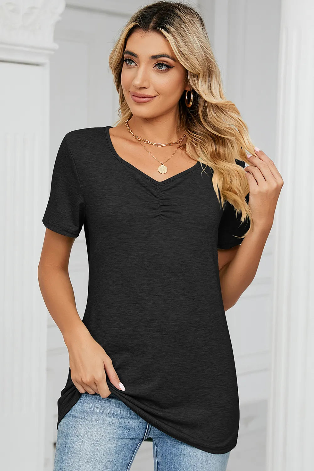 Ruched Heathered Short Sleeve T-Shirt