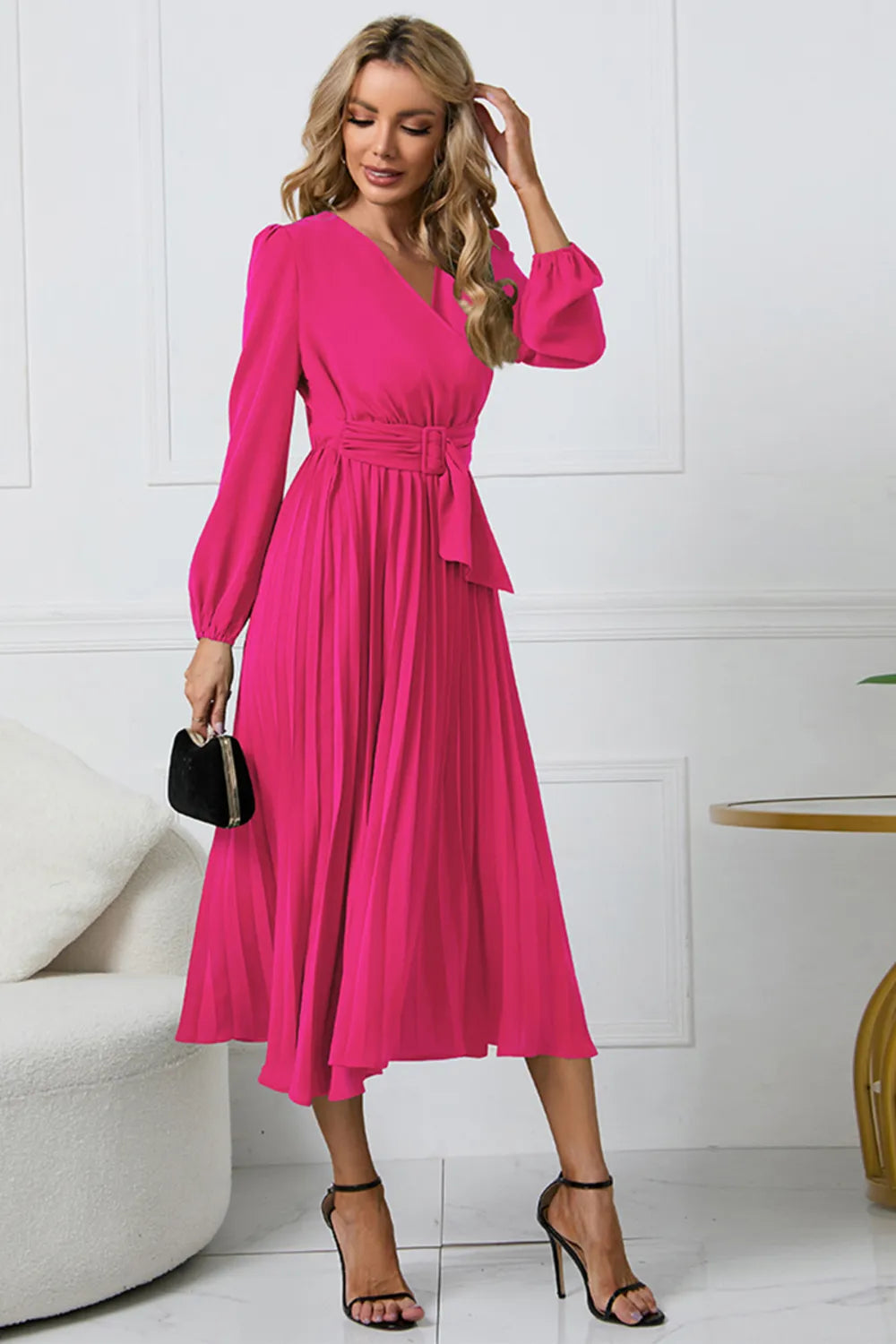 V-Neck Long Sleeve Tie Waist Midi Dress