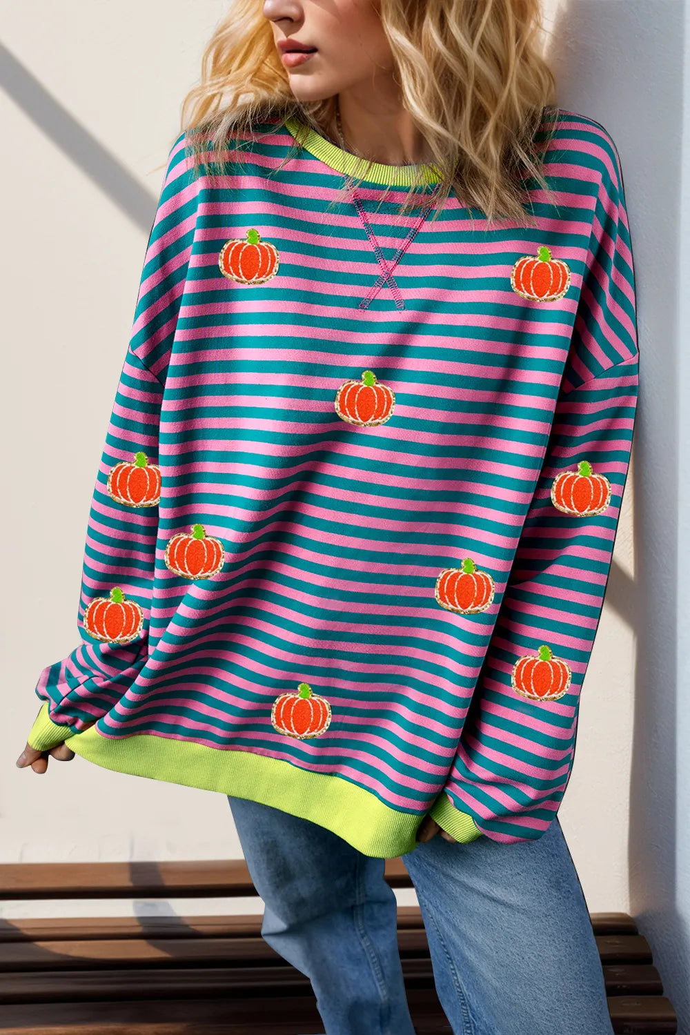 Double Take Full Size Pumpkin Pattern Striped T-Shirt