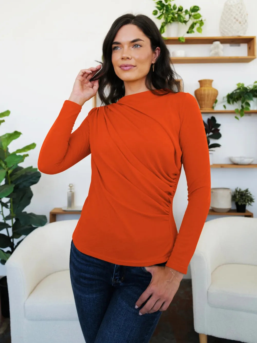 Ruched Mock Neck Long Sleeve T-Shirt