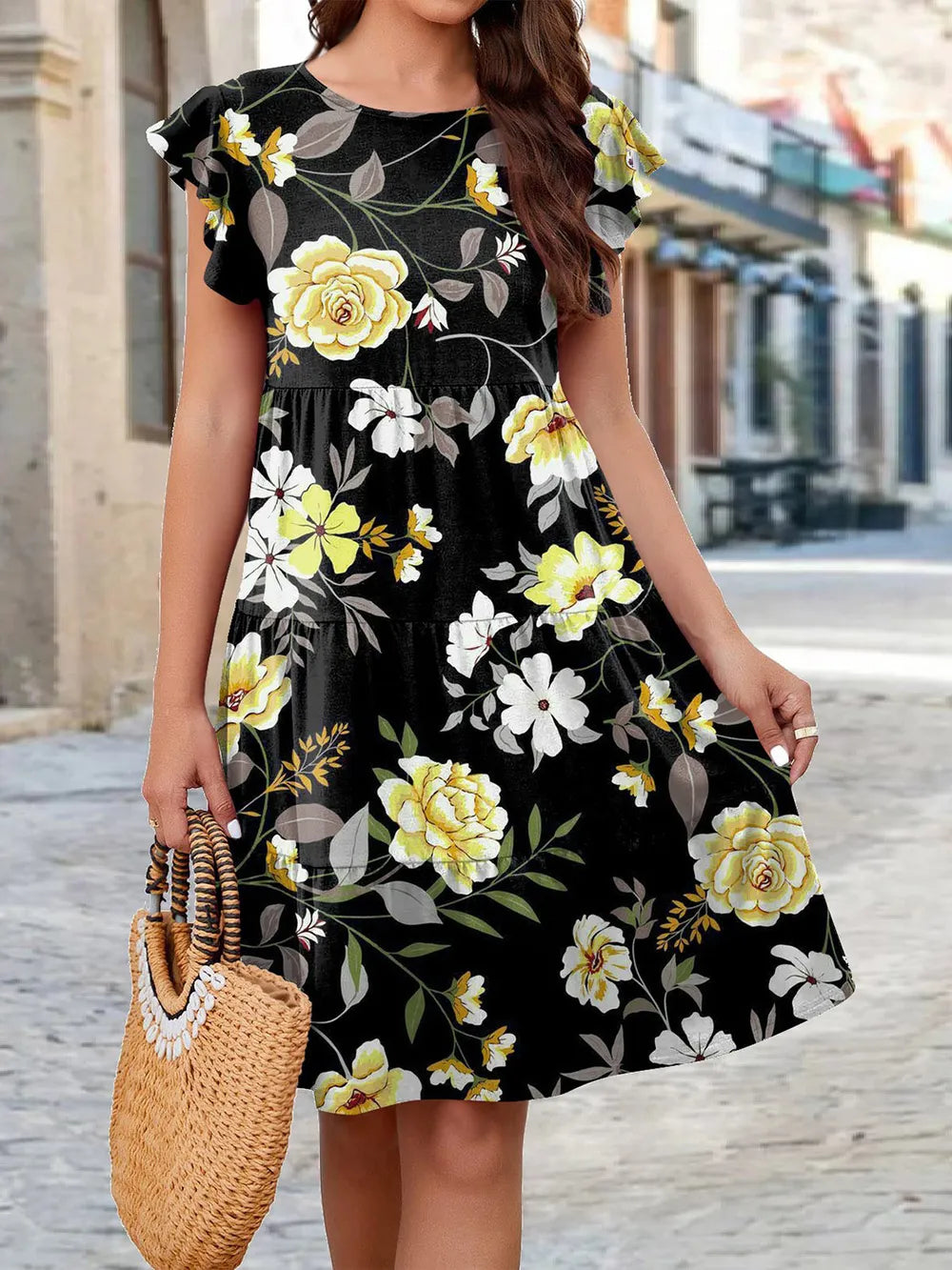 Printed Round Neck Tiered Dress