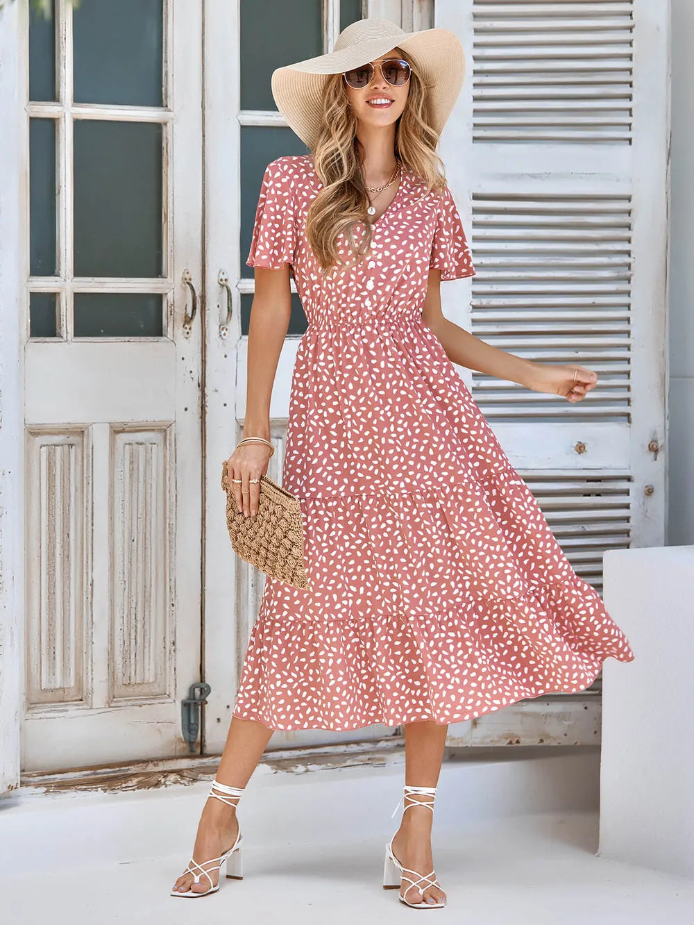 Printed Flutter Sleeve Tiered Dress