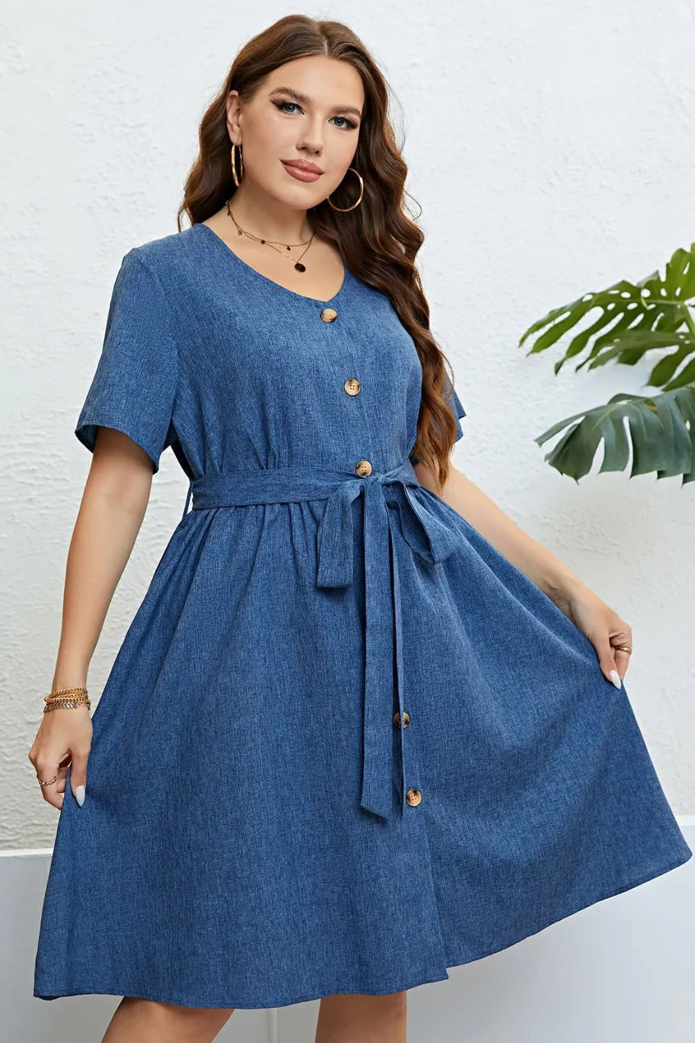 Tie-Waist Button Front Short Sleeve Dress