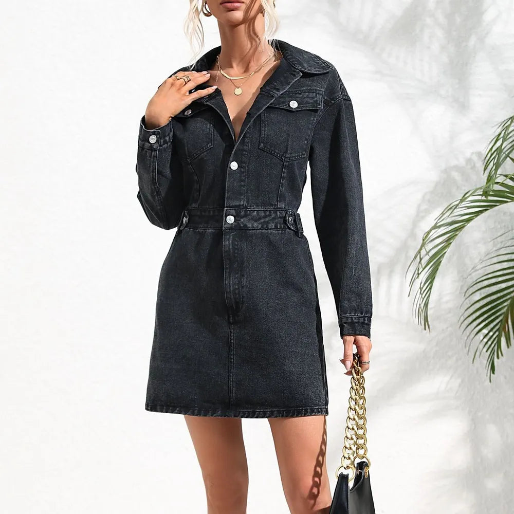 Buttoned Collared Neck Denim Mini Dress