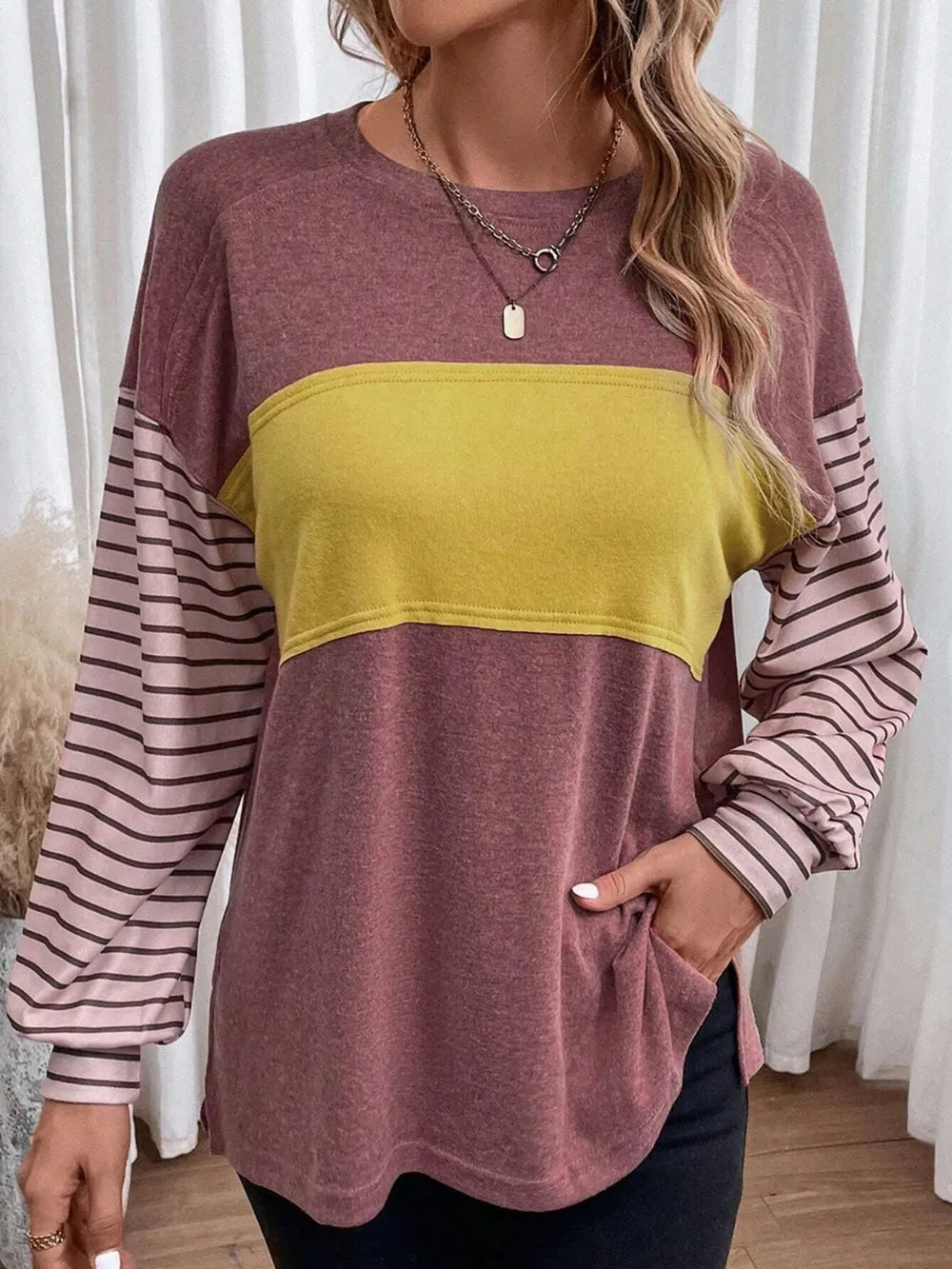 Round Neck Striped Long Sleeve Slit T-Shirt