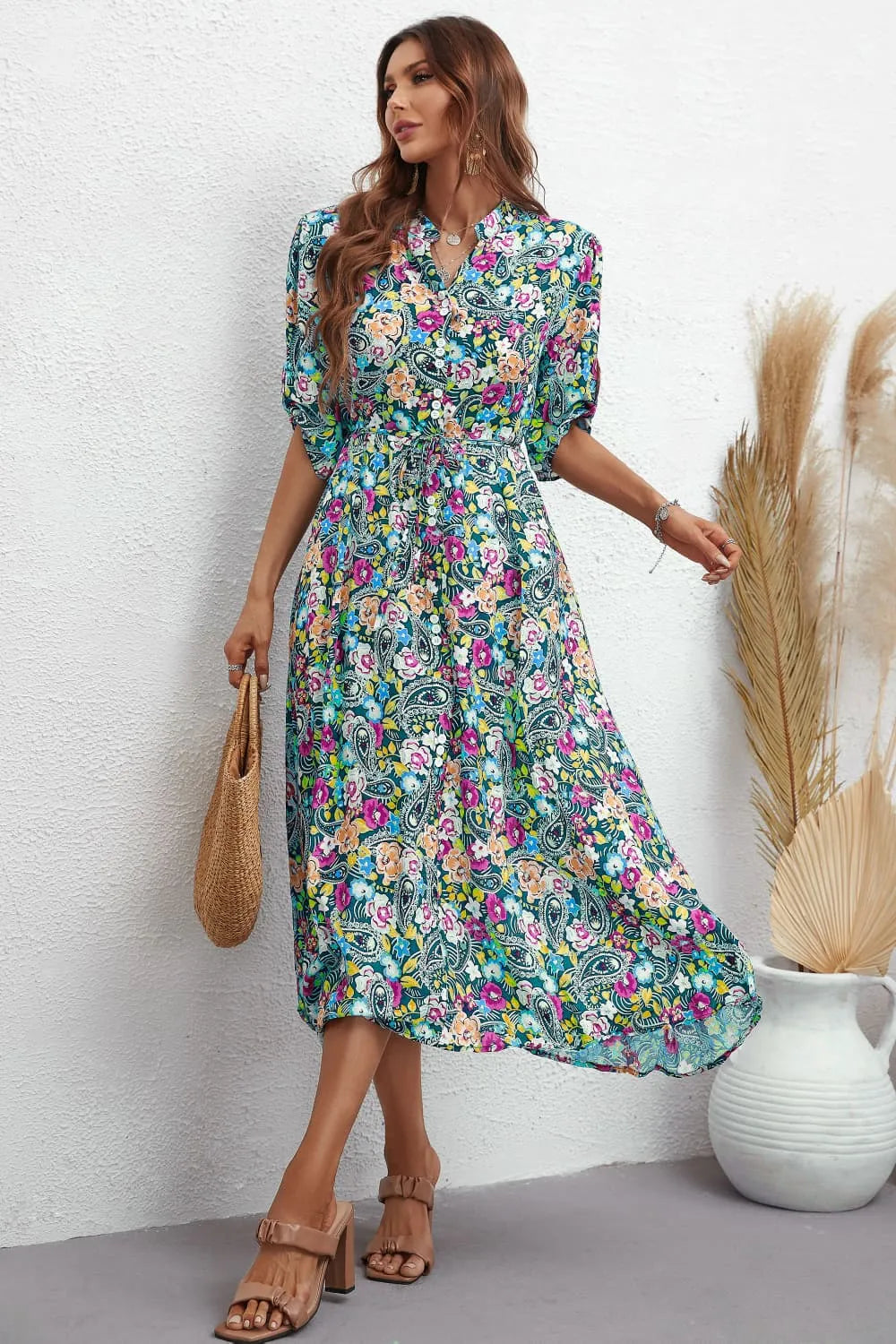 Floral Notched Neck Half Sleeve Dress