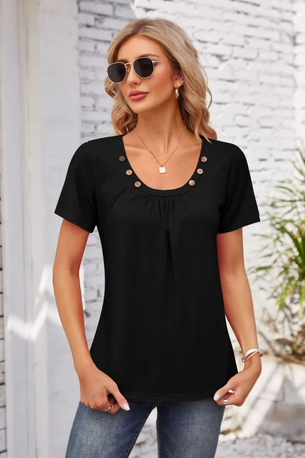 Decorative Button Scoop Neck T-Shirt