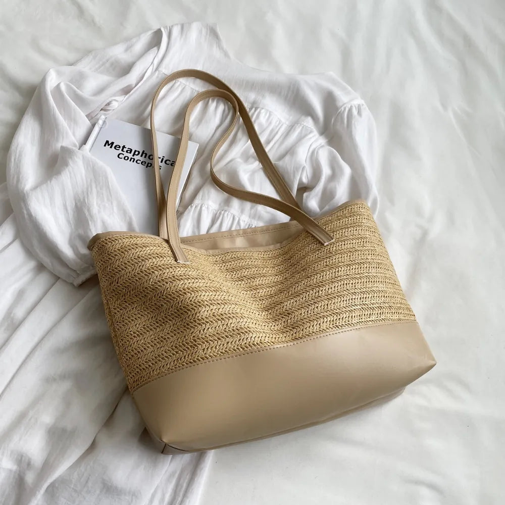 Straw Weave Leather Strap Tote Bag