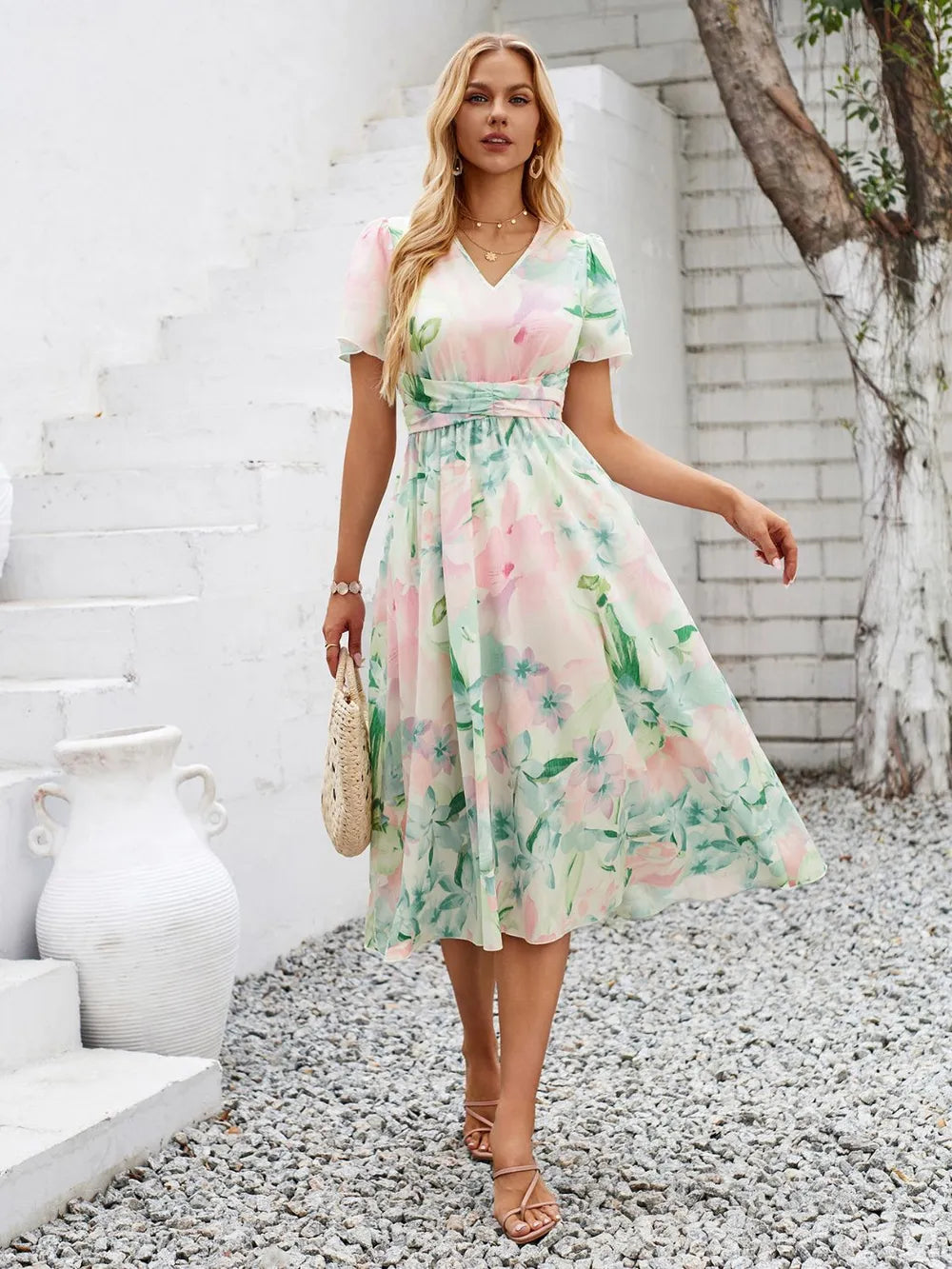 Printed V-Neck Short Sleeve Midi Dress