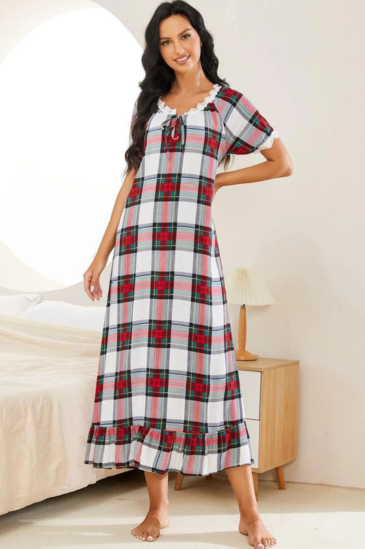 Plaid Lace Trim Ruffle Hem Night Dress