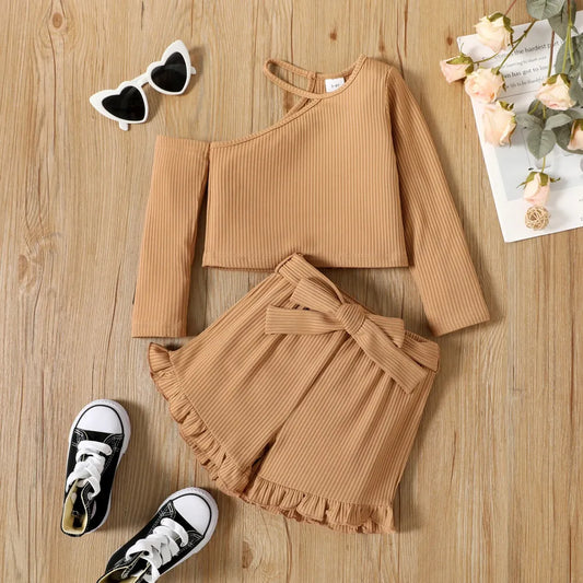 Girls Ribbed Top and Belted Ruffle Hem Shorts Set