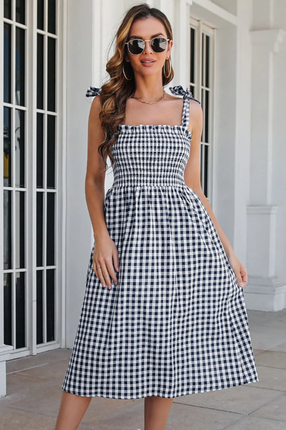 Plaid Frill Trim Tie Shoulder Dress