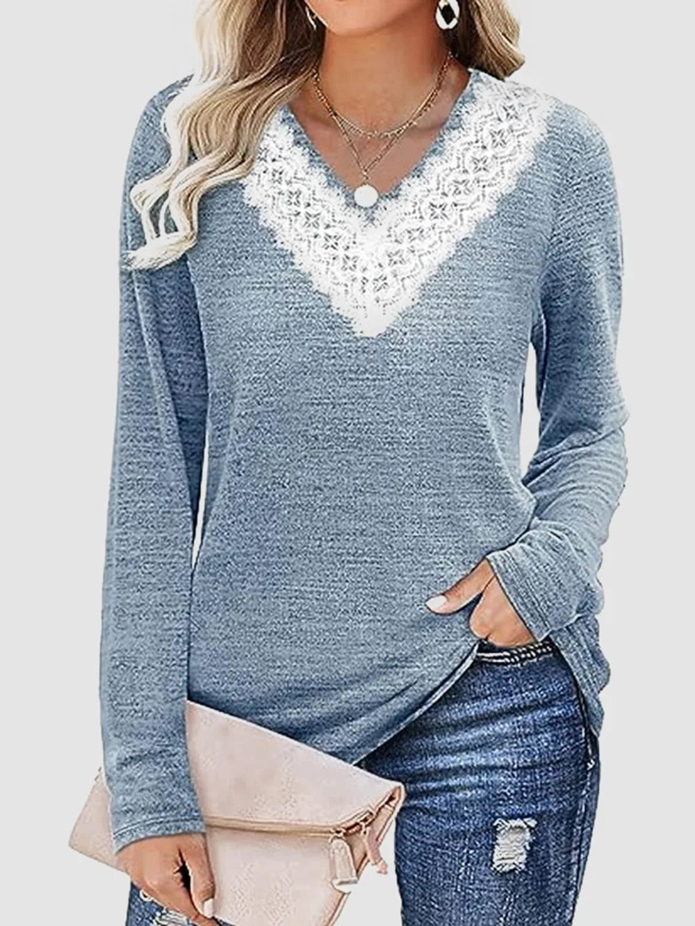 Lace Detail V-Neck Long Sleeve Top