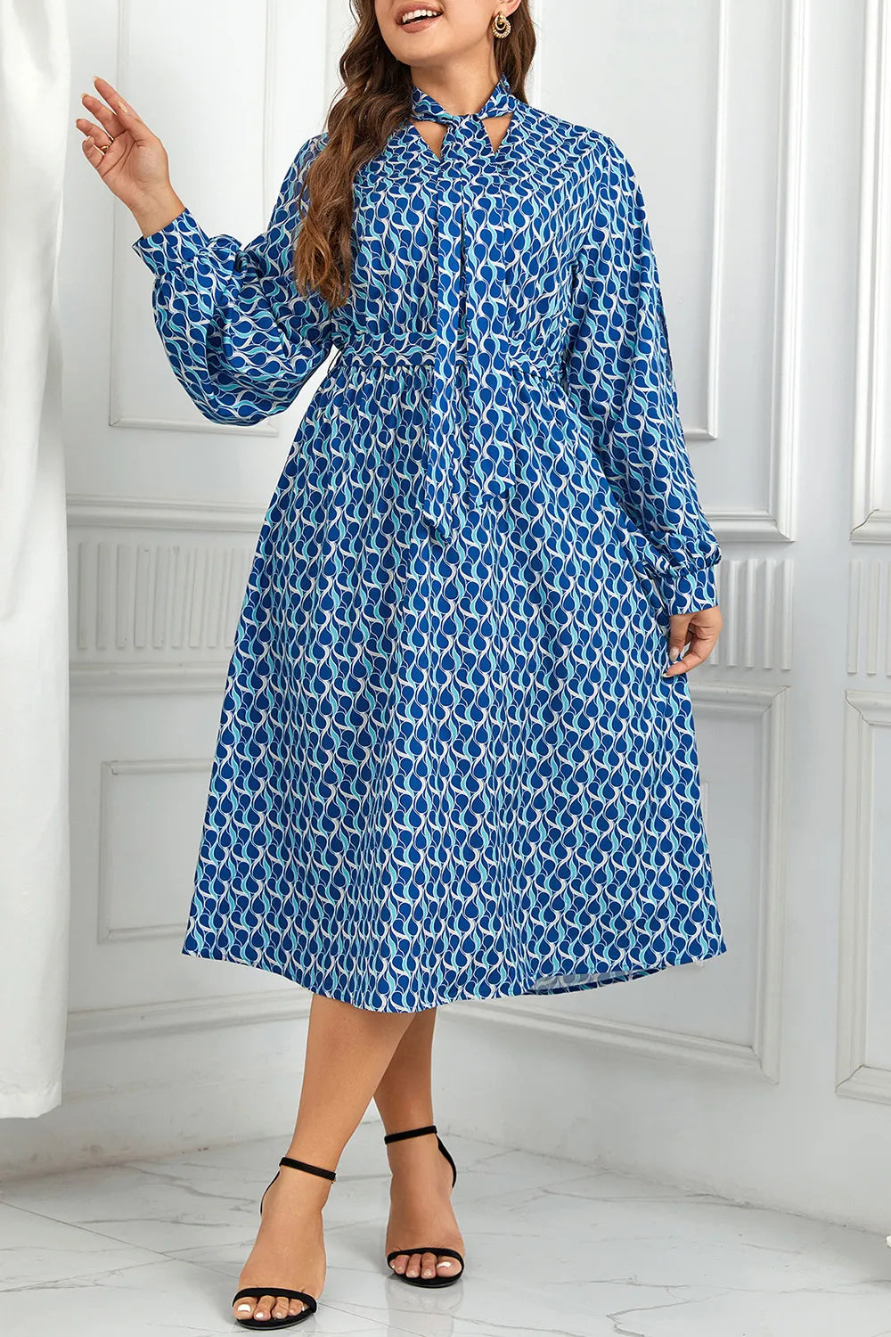 Plus Size Printed Tie Neck Midi Dress