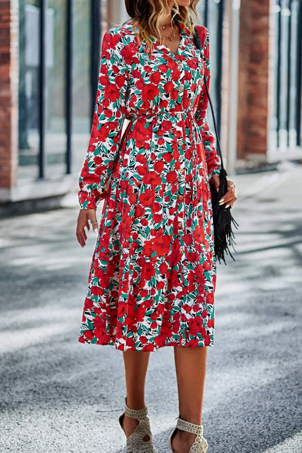 Printed Button Front Belted Tiered Shirt Dress