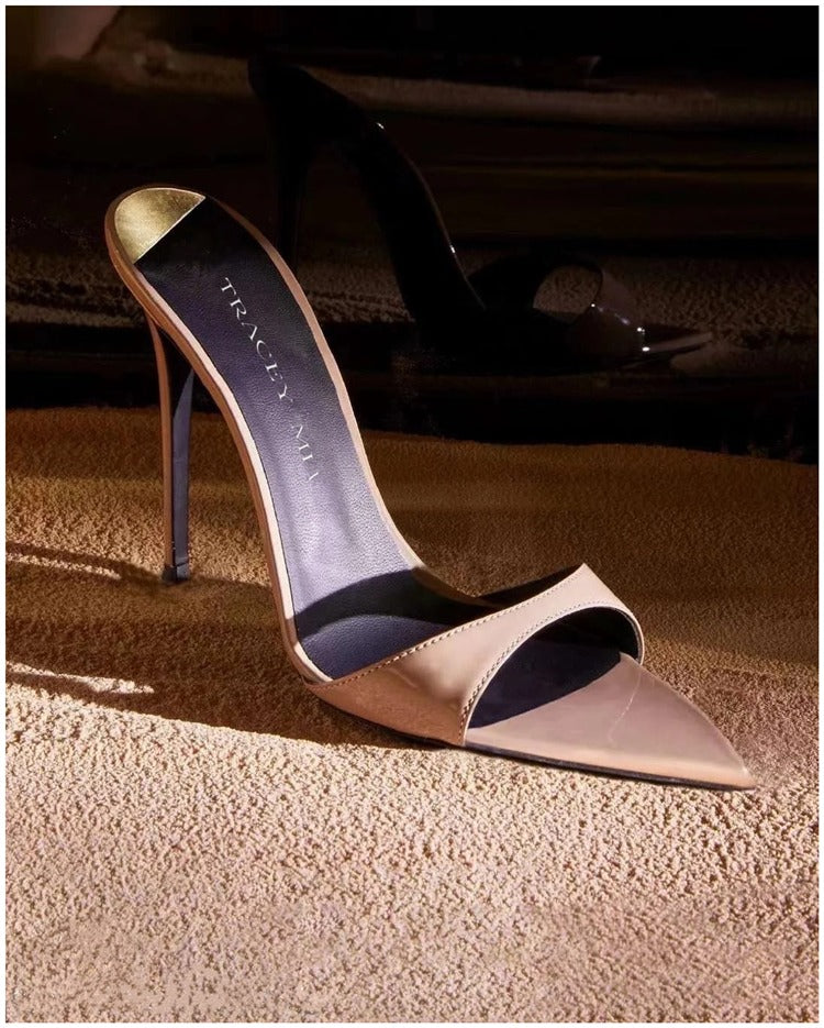 2024 summer new pointed high heels one-strap stiletto half slippers women's patent leather black versatile simple sandals