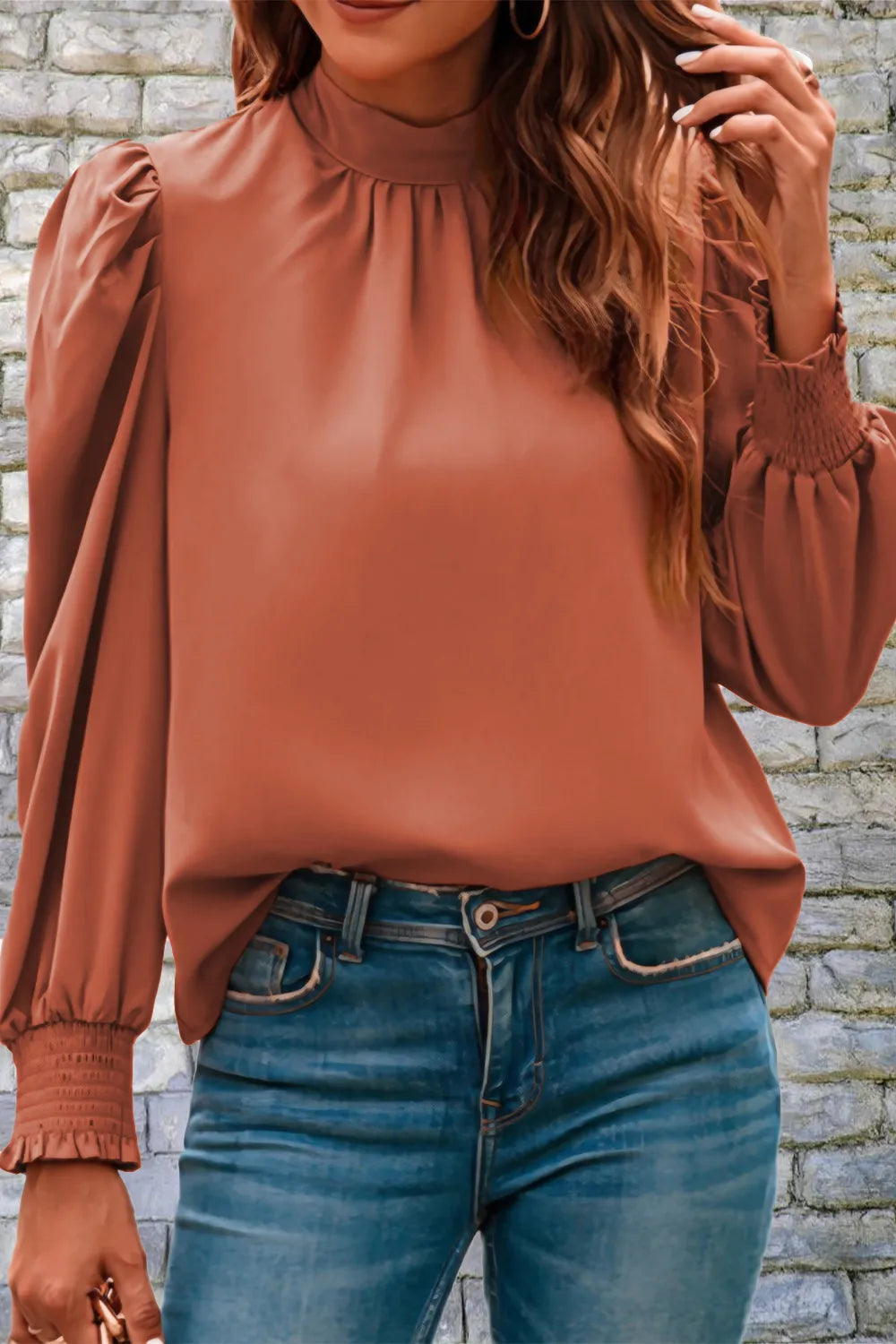 Mock Neck Puff Sleeve Blouse