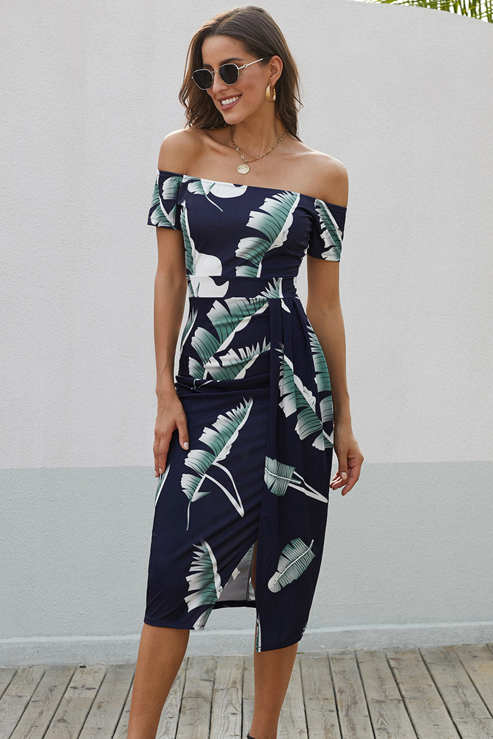 Slit Printed Off-Shoulder Midi Dress