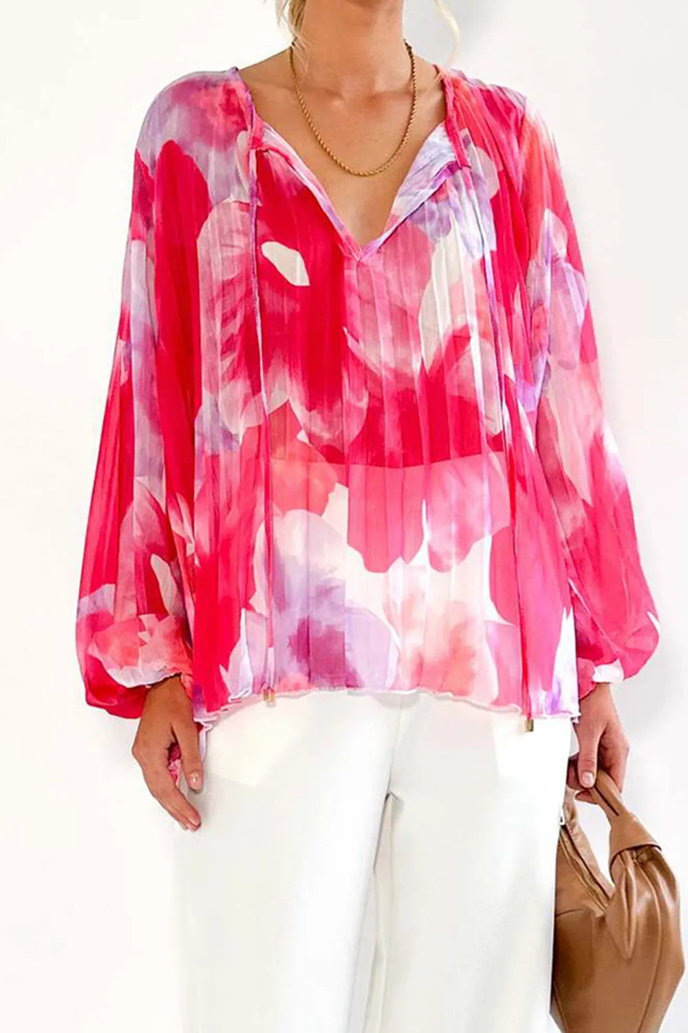 Printed Tie Neck Balloon Sleeve Blouse