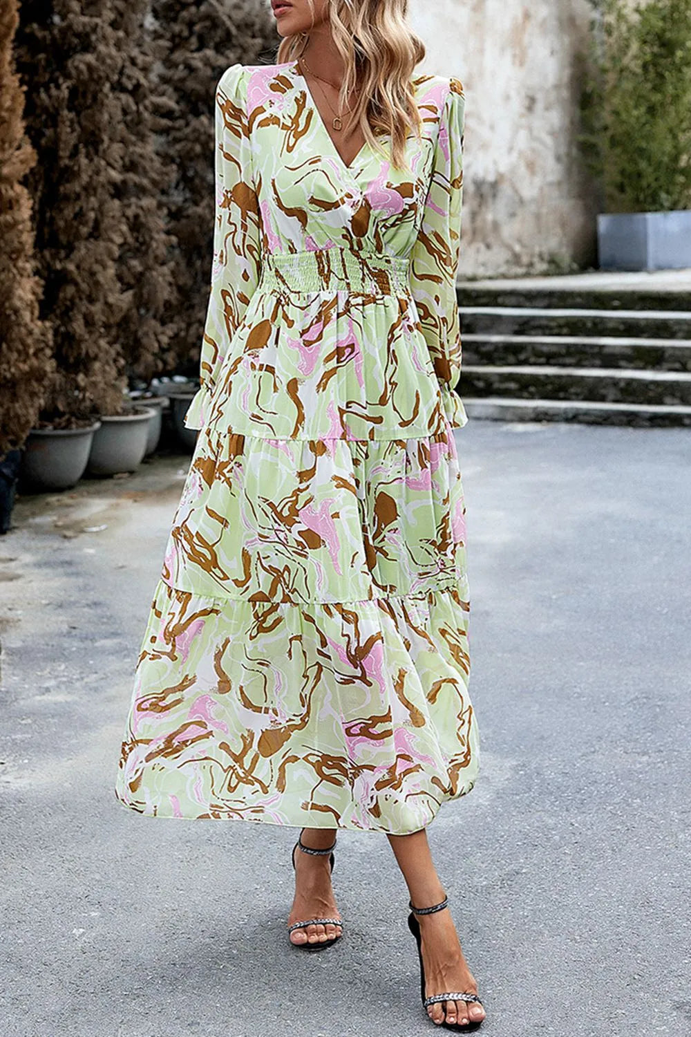 Printed Surplice Neck Flounce Sleeve Midi Dress