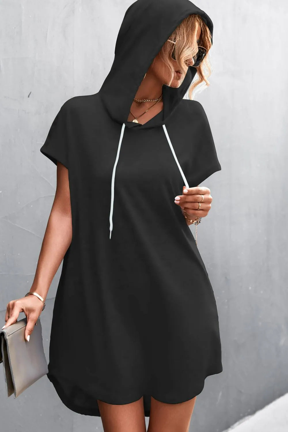 Two-Tone Drawstring Detail Hooded Dress