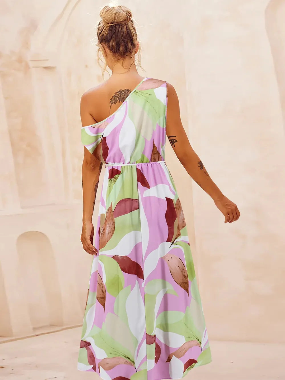 Printed One Shoulder Short Sleeve Dress