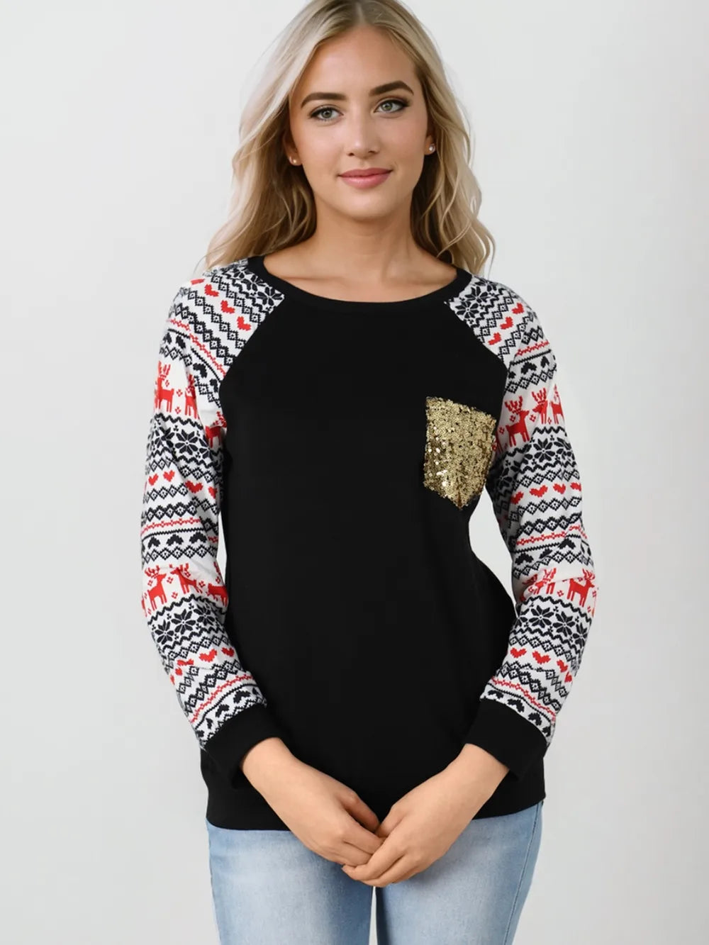 Sequin Round Neck Raglan Sleeve Top