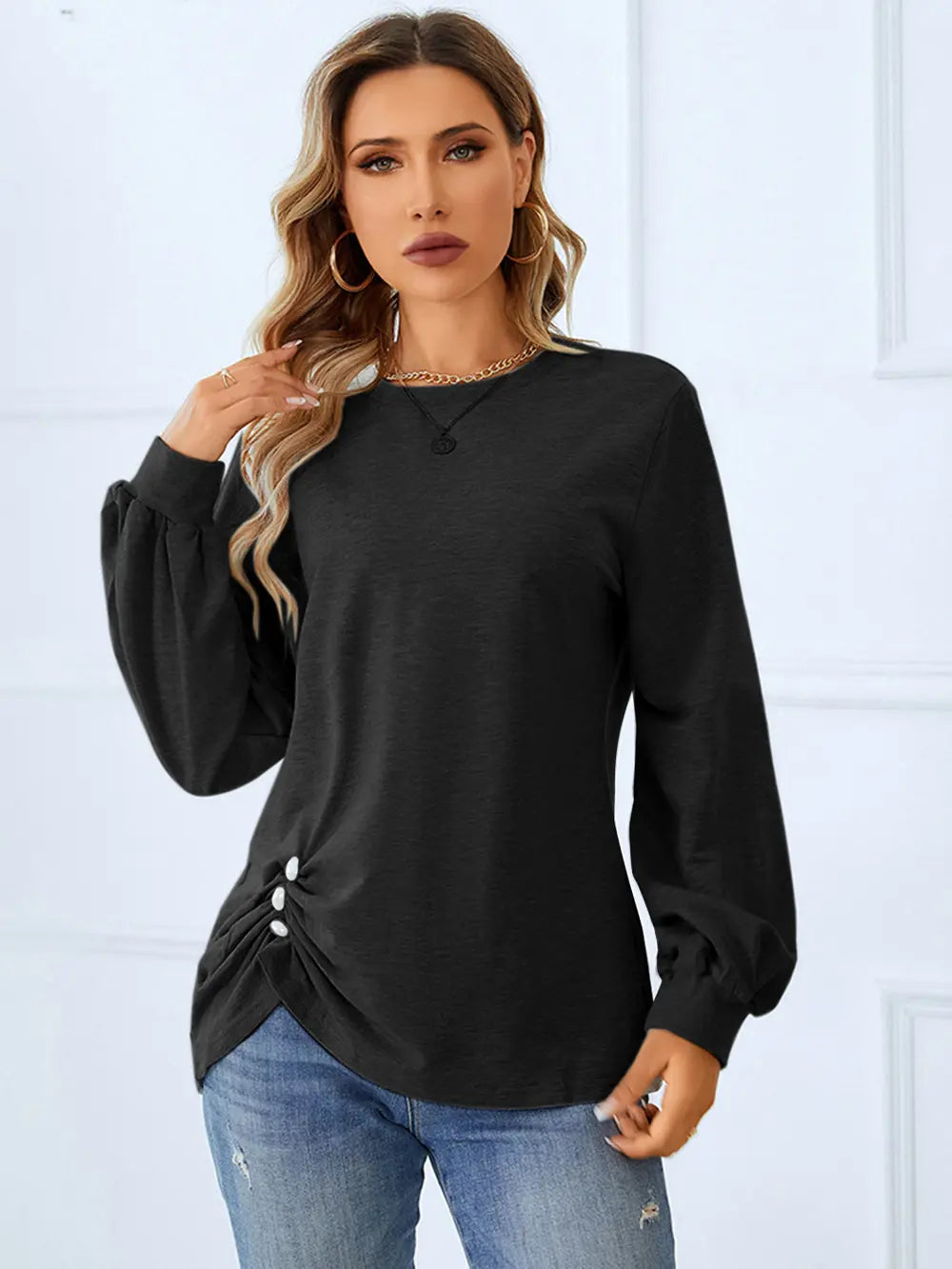 Ruched Detail Round Neck T-Shirt